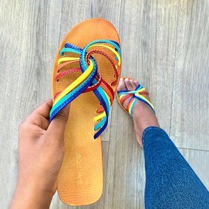 NEW Rainbow Criss-Cross Slide Flat Sandal Open Toe